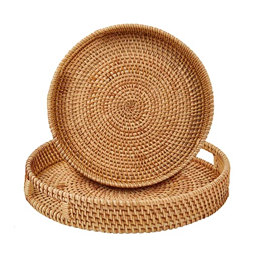 Round Rattan Serving Tray with Handles,2 Hand Woven Basket, Home Decor Organizer Tray for Breakfast, Tea, Snack, Fruit, Coffee, Storage (Large + Medium)(14.17inchX2.3inch+11.9inchX1.7inch