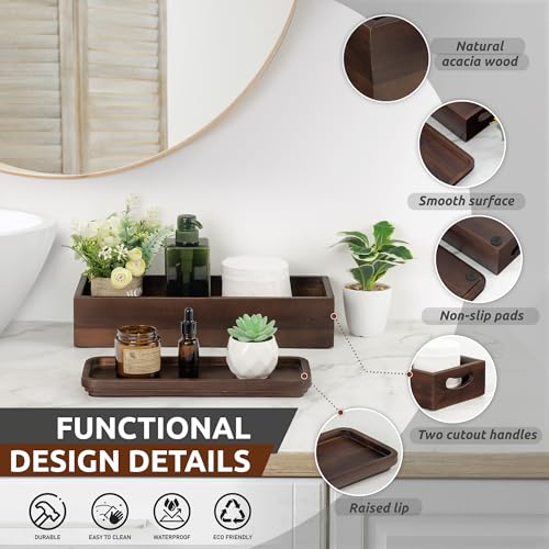 DEMIGO Toilet Tank Topper & Vanity Tray, Acacia Wood Decor Set, Dark Brown | 2-Pack Storage Tray, Handmade Wooden Tank Basket Cover for Bathroom, Kitchen, Home & Spa, Smooth Durable Artisan