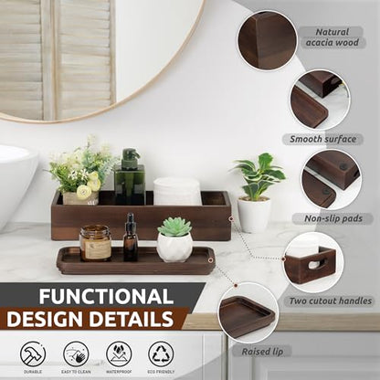 DEMIGO Toilet Tank Topper & Vanity Tray, Acacia Wood Decor Set, Dark Brown | 2-Pack Storage Tray, Handmade Wooden Tank Basket Cover for Bathroom, Kitchen, Home & Spa, Smooth Durable Artisan