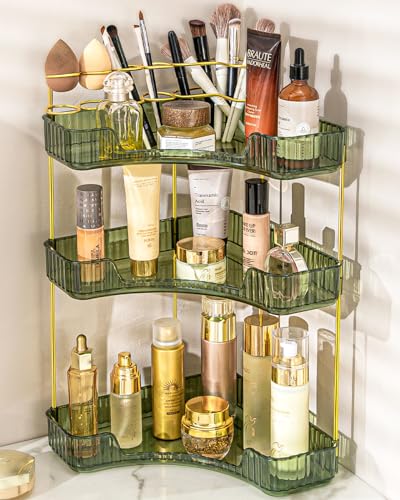 Makeup Organizer 3 Tier Bathroom Counter Organizer with Makeup Brush Holder | Corner Bathroom Organizer Countertop, Acrylic Counter Storage for Bathroom Dresser, Skincare Perfume Organizer- Green
