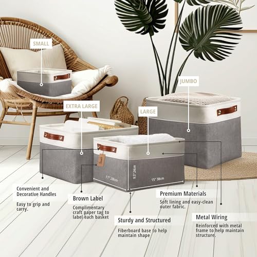DECOMOMO Storage Bins, Large Fabric Storage Baskets for Shelves 3 Pack | 15 x 11 x 9.5 inches Decorative Linen Closet Organizers (Grey & White)