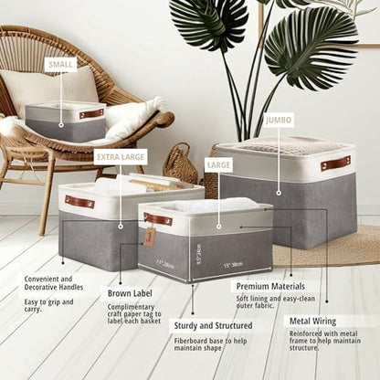 DECOMOMO Storage Bins, Large Fabric Storage Baskets for Shelves 3 Pack | 15 x 11 x 9.5 inches Decorative Linen Closet Organizers (Grey & White)