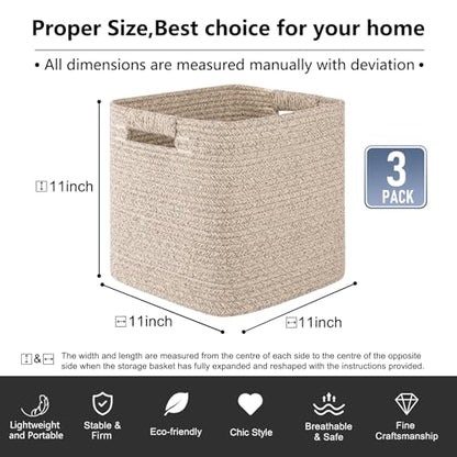 OIAHOMY Storage Cubes 11 Inch Storage Bins-3-Pack, Cotton Rope Woven Baskets for Organizing, Square Storage Baskets for Shelves Organizer, Classroom, Kids Toy Bins, Closet, Baby Nursery-Brown