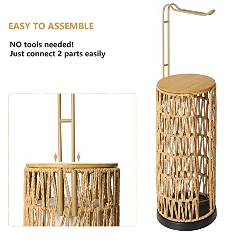 Freestanding Toilet Paper Holder with Storage,3 Rolls of Tissue Holder for Bathroom,Handmade Woven Toilet Paper Roll Holder Stand,Rattan Sturdy Boho Bathroom Decor Farmhouse Toilet Paper Storage