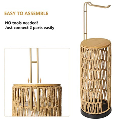 Freestanding Toilet Paper Holder with Storage,3 Rolls of Tissue Holder for Bathroom,Handmade Woven Toilet Paper Roll Holder Stand,Rattan Sturdy Boho Bathroom Decor Farmhouse Toilet Paper Storage
