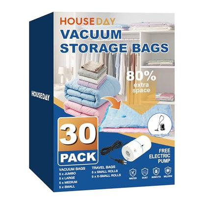 HOUSE DAY 30 Pack Vacuum Storage Bags with Electric Pump, 4 Sizes + 2 Roll-Up (5 Each), Space Saver Vacuum Seal Bags for Clothing, Bedding, Pillows, Travel – Airtight Seal, Reusable & Durable