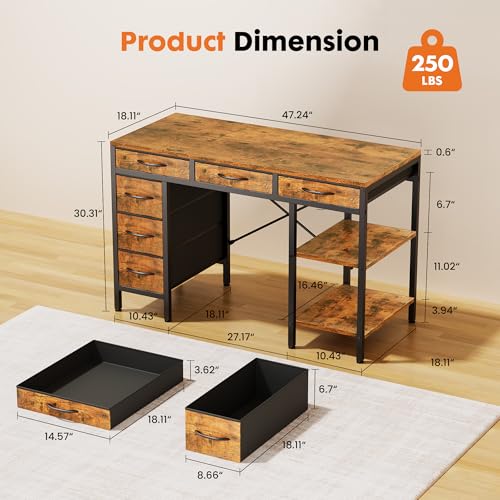 Sweetcrispy 47" Computer Desk with 6 Fabric Drawers & Storage Shelves | Reversible Gaming Desk, Office Desk, Computer Workstation, Corner Desk with Storag, Home Office, Living Room, Rustic Brown