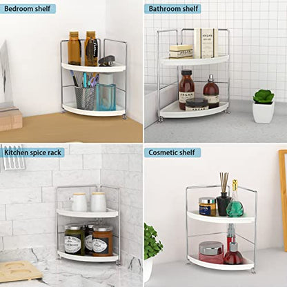 2-Tier Corner Bathroom Sink Countertop Organizer-Vanity Tray Cosmetic & Makeup Storage-Kitchen Spice Rack Standing Shelf,Perfect Storage Shelf for Bathroom,Bedroom,Kitchen,Vanity,Silver