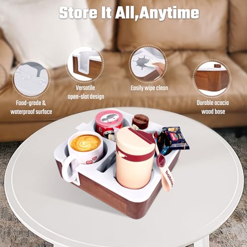 Couch Cup Holder Tray, Real Acacia Wooden Caddy with Soft Silicone, Snack and Drink Organizer- Perfect Movie Night Accessories for Bed, Remote and Cup Holders for Sofa (White)