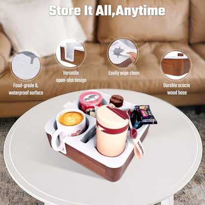 Couch Cup Holder Tray, Real Acacia Wooden Caddy with Soft Silicone, Snack and Drink Organizer- Perfect Movie Night Accessories for Bed, Remote and Cup Holders for Sofa (White)