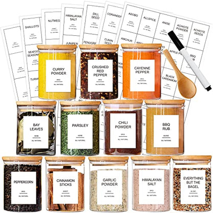 GPOVVIMX 12 Pcs Glass Spice Jars with Bamboo Airtight Lids and 191 Labels - 8.5oz Small Food Storage Containers for Kitchen, Seasoning, Coffee, Herb - Spoon and Marker Included