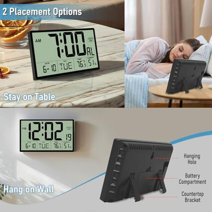9‘’ Narrow Bezels Battery Operated Digital Wall Clock with Temperature and Humidity - Auto DST, Large 2⅝'' Digits, 5-Level Volume Alarm (3 AA Included) - Wall Mount/Desktop for Office Bedroom Kitchen