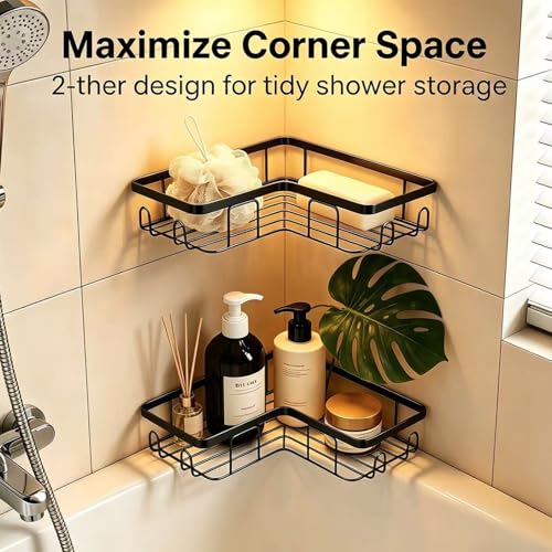 Shower Caddy 2 Pack, No Drilling Adhesive Bathroom Organizer Shelf Rack, Corner Shower Shelf with Hooks for Home Decor & Storage