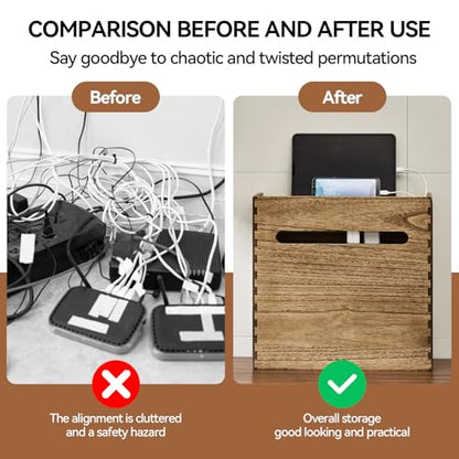 KIRIGEN Wooden WiFi Router Storage Box, 3-Tier Cable Organizer, Brown | Solid Wood 3-Tier Design Stores Routers, Modems, Power Strips, Adapters, and Cables for Desks, TV Stands, and Home Offices