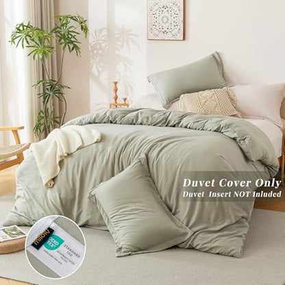 MILDLY Super Soft Duvet Cover - 100% Washed Microfiber October Mist Sage Comforter Cover Set 3 Pieces with Zipper Closure & Corner Ties (No Comforter)