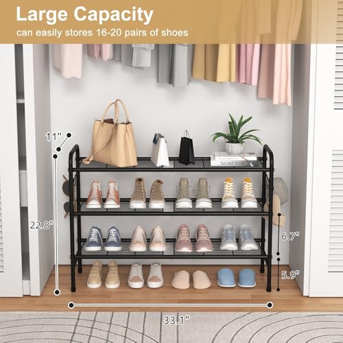 VILICK 3 Tier Shoe Rack 33" Wide Metal Shoe Organizer, Black | Long Shoe Storage, 4 Side Hooks, Sturdy Shoes Shelf, For Front Door Entrance, Closet, Garage, Dorm