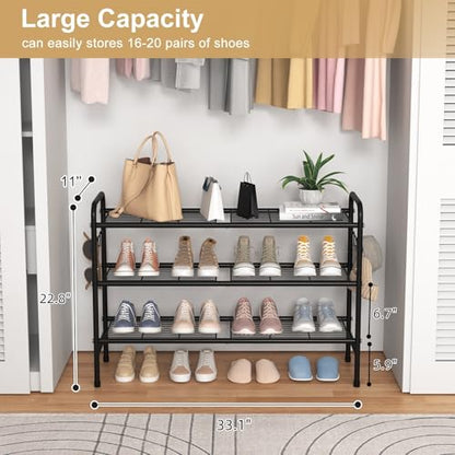 VILICK 3 Tier Shoe Rack 33" Wide Metal Shoe Organizer, Black | Long Shoe Storage, 4 Side Hooks, Sturdy Shoes Shelf, For Front Door Entrance, Closet, Garage, Dorm