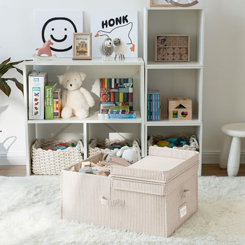 StorageWorks Extra Large Storage Bins with Lids, 55L Decorative Organizer with Divider Board, Fabric Boxes with Handles, Khaki and Beige Stripes, 2-Pack