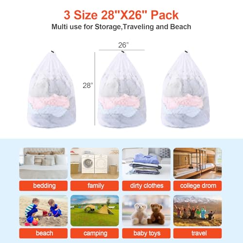 MADIKA 3 Pcs Mesh Laundry Bags for College, Dorm, Travel, Famliy and Apartment with Drawstring Closure Sturdy(White, 3 XX-Large)