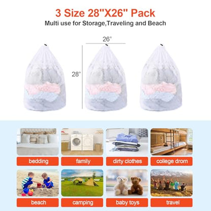 MADIKA 3 Pcs Mesh Laundry Bags for College, Dorm, Travel, Famliy and Apartment with Drawstring Closure Sturdy(White, 3 XX-Large)