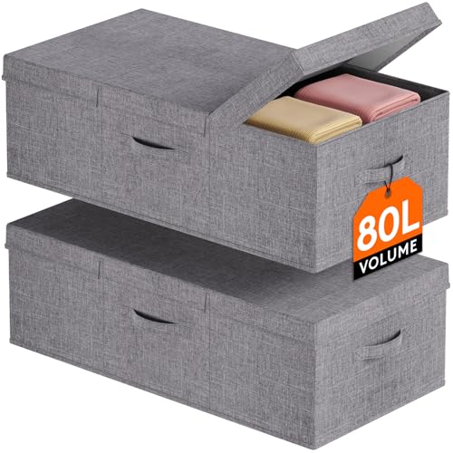 Lifewit 80L Under Bed Storage Containers, 9.8 Inch Tall Underbed Clothes Storage Organizer Bin with Sturdy Sidewalls, Bottom, 3 Lids, Deep Storage Drawer for Clothes, Shoes, Blankets, Pillows 2 Pack