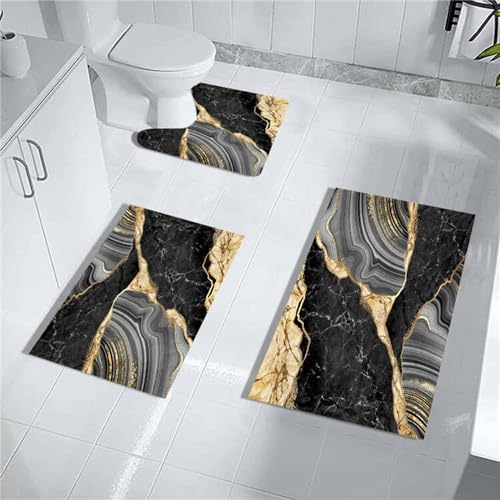 MUGINYU Black and Gold Rug for Bathroom Decor,Black and Gold Bathroom Rugs Sets 3 Piece,Marble Decor Thin Rubber Diatomaceous Earth Quick Dry Rugs with U-Shaped Contour Toilet Mat