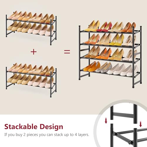 Expandable Shoe Rack for Closet 2 Tier, 28“-41“Stackable, Black | Adjustable Shoe Organizer Closet Shoe Rack Floor, Metal Shoe Shelf Storage for Entryway, Closet, Garage, Front Door Entrance