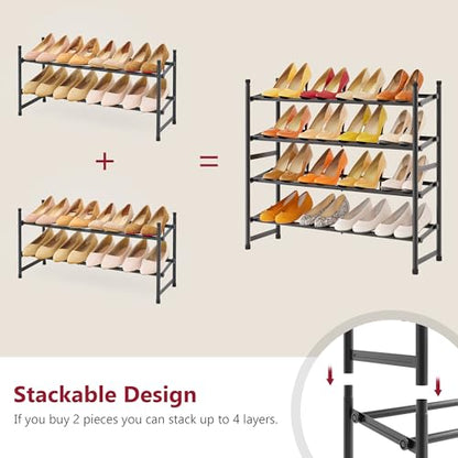 Expandable Shoe Rack for Closet 2 Tier, 28“-41“Stackable, Black | Adjustable Shoe Organizer Closet Shoe Rack Floor, Metal Shoe Shelf Storage for Entryway, Closet, Garage, Front Door Entrance