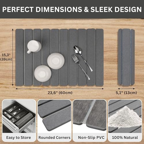 Stone Drying Mat for Kitchen Counter, 24"x16" Large Dark Gray Foldable Diatomaceous Earth Mat, Quick-Dry Super Absorbent Stone Dish Drying Mat for Dishes Bottles Cups