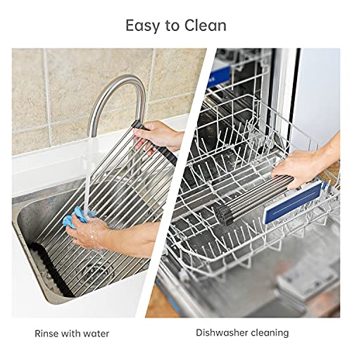 Large Telescopic Drain Rack Roll Up Rack Heat-Resistant Dish Drainer Kitchen Sink Rack Over the Sink Dish Drying Rack Stainless Steel Dish Rack (18 Tube 21.25''x12.79'')
