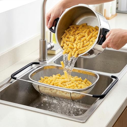 2 Pack Over the Sink Oval Colander for Kitchen, Stainless Steel Fine Mesh 6 Quart Strainer Basket with Expandable Rubber Grip Handles for Straining, Draining, Rinsing Fruits, Vegetables