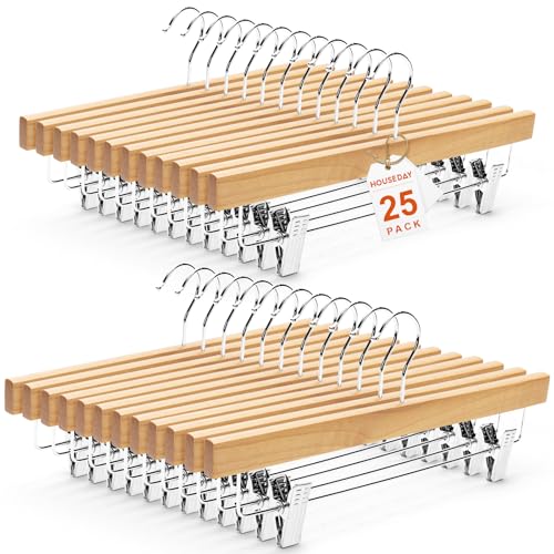 Wooden Pants Hangers with Clips, 25 Pack Skirt Han... (25 Count | Natural | Wood)