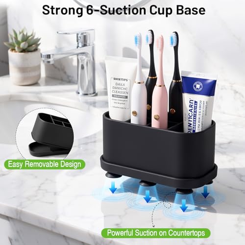 Luxspire Toothbrush Holders for Bathrooms, Silicone, 5 Slots, Black | Toothbrush Organizer with Suction Cup Tray, Toothbrush Holder with Drainage for Bathroom Countertop