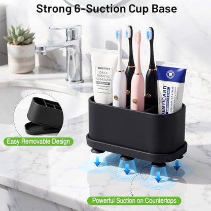 Luxspire Toothbrush Holders for Bathrooms, Silicone, 5 Slots, Black | Toothbrush Organizer with Suction Cup Tray, Toothbrush Holder with Drainage for Bathroom Countertop