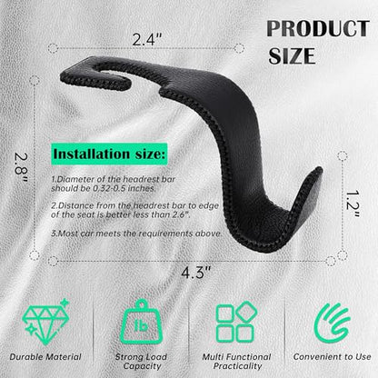 Car Seat Headrest Hook Universal Vehicle Storage Hanger Leather with Metal Car Seat Back Organizer for Handbag Purse Coat Black 4 Pack