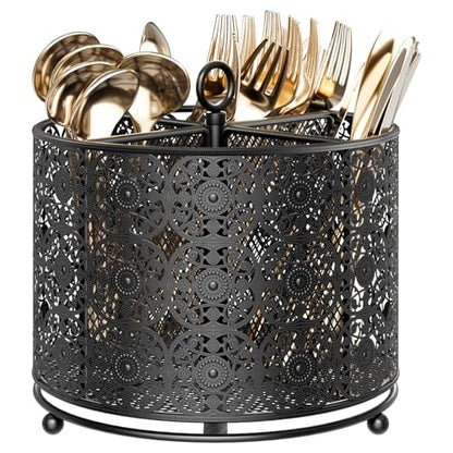 360° Rotating Utensil Caddy Countertop - Cutlery Silverware Caddy Holder with 4 Compartment - Higher Raised Flatware Organizer with Handle for Party Kitchen Counter Office Black