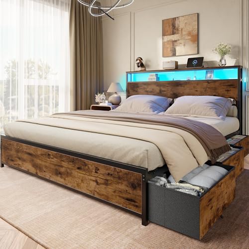Queen Bed Frame with 2-Tier Storage Headboard & 6... (Rustic Brown)