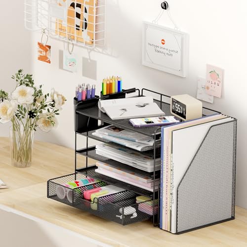 Desk Organizer, 5-Tier Desktop File Organizer with Drawer and Pen Holders, Office Desk Accessories, File Sorters, Workspace Organizers for Office Supplies(Black)