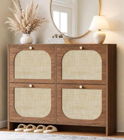 Freestanding Ultra Slim Arched Accent Entryway Shoe Storage - 4 Flip Drawers & 3-Tier Adjustable Shelves, Modern Slim Shoe Cabinet for Hallway, Foyer (flip Down Shoe Cabinet | Amber Oak)