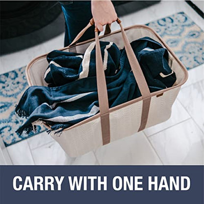 Collapsible Fabric Laundry Basket Tote Premium, Herringbone, 2 Pack | Bring a Polished Look to Laundry Day | Cotton-Blend Fabric and Vegan Leather Pair with Long Handles and 55 lb Support