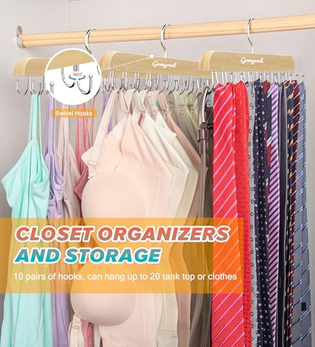 Tank Top Hanger, 2 Pack w/40 Hooks Bra Hanger for Closet Organizer | Premium Wood Space Saving Hanger, 360°Rotating Closet Organizers and Storage, Multi Hook Hanger for Dorm & Apartment