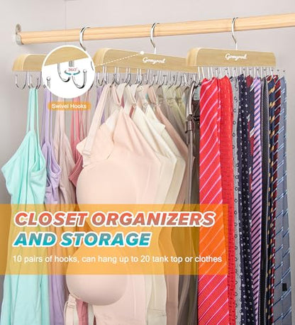 Tank Top Hanger, 2 Pack w/40 Hooks Bra Hanger for Closet Organizer | Premium Wood Space Saving Hanger, 360°Rotating Closet Organizers and Storage, Multi Hook Hanger for Dorm & Apartment
