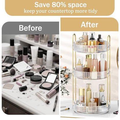 MOKANI 360 Rotating Makeup Organizer for Vanity, 3 Tier Perfume Organizer | Adjustable Multi-Function Spinning Cosmetics Skincare Storage for Bedroom, Dresser, Countertop, Clear