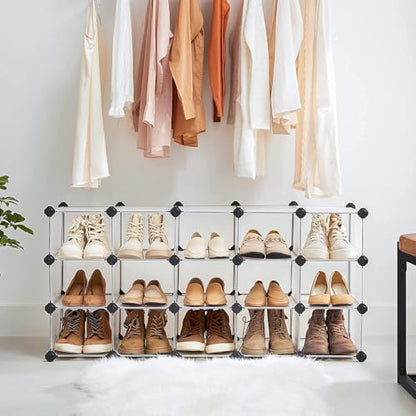 SONGMICS Shoe Rack with 16 Cubes, Interlocking Plastic Shoe Organizer, DIY Storage Cabinet for Closet Entryway Bedroom Garage, Space Saving Design, 12 x 35.1 x 27.2 Inches, Transparent ULPC445W02