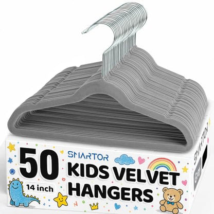 Premium 14 Inch Kids Hangers 50 Pack, Baby Velvet Hanger Non Slip | Grey Space Saving Felt Hangers Clothes Organizers for Closet with 360° Swivel Hook for Children, Toddler & Teens