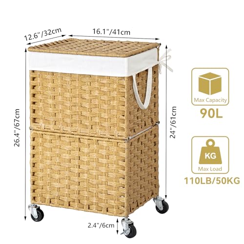 Chrislley Wicker Laundry Basket with Wheels,Rolling Laundry Hamper with Lid | 90L Slim Clothes Hamper with Wheels & Removable Liner Bag, Handwoven Rattan Laundry Organizer for Bedroom, Bathroom, Yellow
