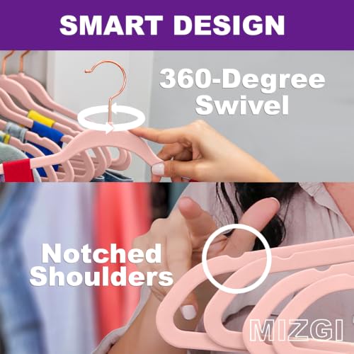 MIZGI Velvet Hangers 50 Pack Non Slip Heavy Duty Blush Pink Rose Gold Hooks | Felt Hangers | Slim Space Saving | 360° Swivel Hook | Closet Organization | Suits, Coats, Dresses | Dorm Essentials