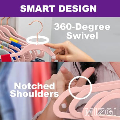 MIZGI Velvet Hangers 50 Pack Non Slip Heavy Duty Blush Pink Rose Gold Hooks | Felt Hangers | Slim Space Saving | 360° Swivel Hook | Closet Organization | Suits, Coats, Dresses | Dorm Essentials