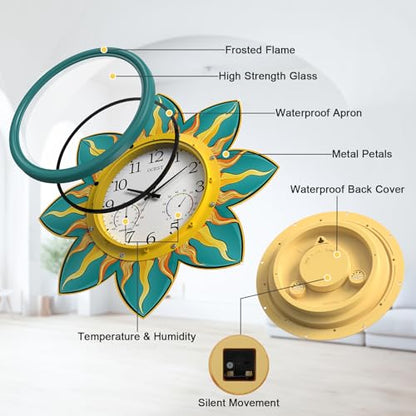 24-in Outdoor Clock Waterproof with Thermometer Hygrometer for Patio | Large Display, Silent, Metal Flame Petal, Weatheproof, Easy to Read, Battery Operated, Garden Pool Garage Porch Outside Decor