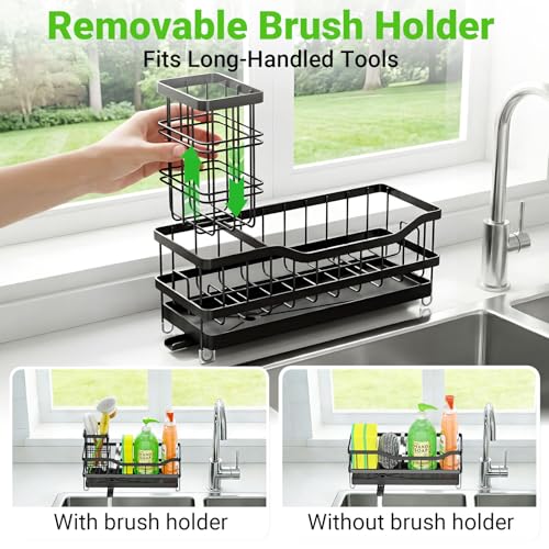 Sponge Holder for Kitchen Sink, Self-Draining Sink Caddy Organizer with Removable Brush Holder, Rustproof Metal Sponge Rack for Countertop, Fits Soap Dispenser & Scrubber, Black